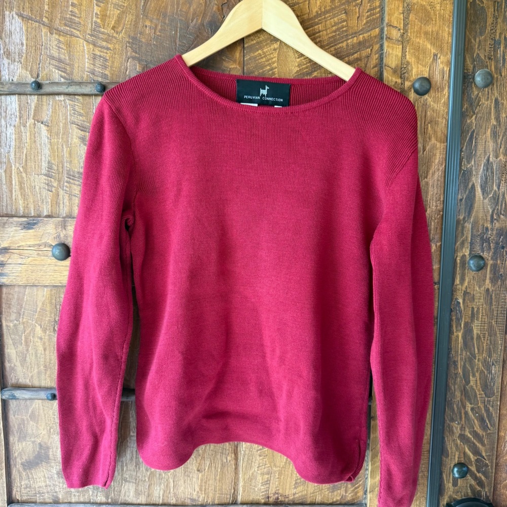 Peruvian Connection Sweater Women M Red Pima Cotton Ribbed Knit Crew Neck Top